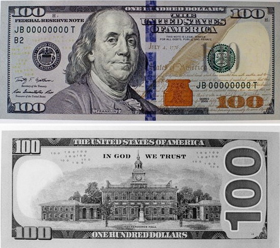 8. Đồng 100 USD mới của Mỹ Một trong những đặc điểm an ninh đáng chú ý nhất trên đồng 100 USD mà nước Mỹ phát hành năm 2010 là hình ảnh chiếc chuông được in chìm trong bình mực ở mặt trước tờ bạc. Chiếc chuông sẽ đổi từ màu đồng sang xanh lục dưới góc nhìn nghiêng. Ngoài ra, đồng bạc này còn có “dải băng 3D". Dòng chữ 100s và hình chiếc chuông sẽ cho cảm giác như đang chuyển động khi tờ bạc được di chuyển.